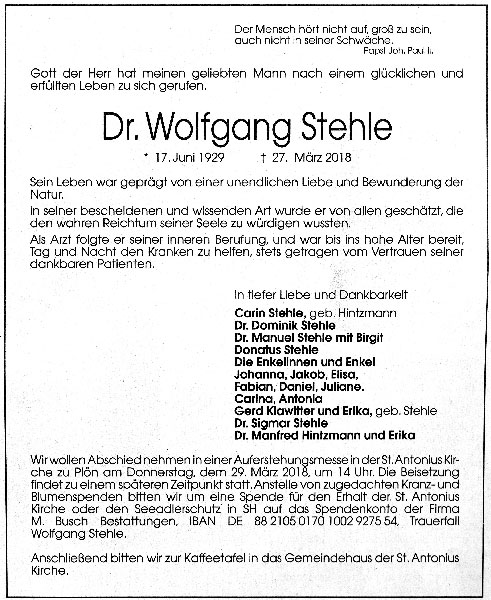 Wir gedenken Dr. Wolfgang Stehle.